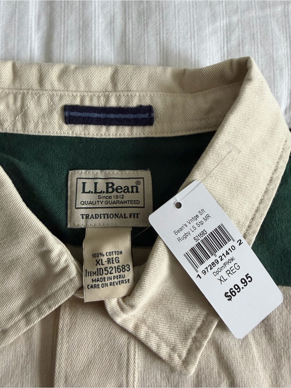NWT L.L. Bean Deep Green and Cream Vintage Soft Rugby Shirt - Picture 2 of 9